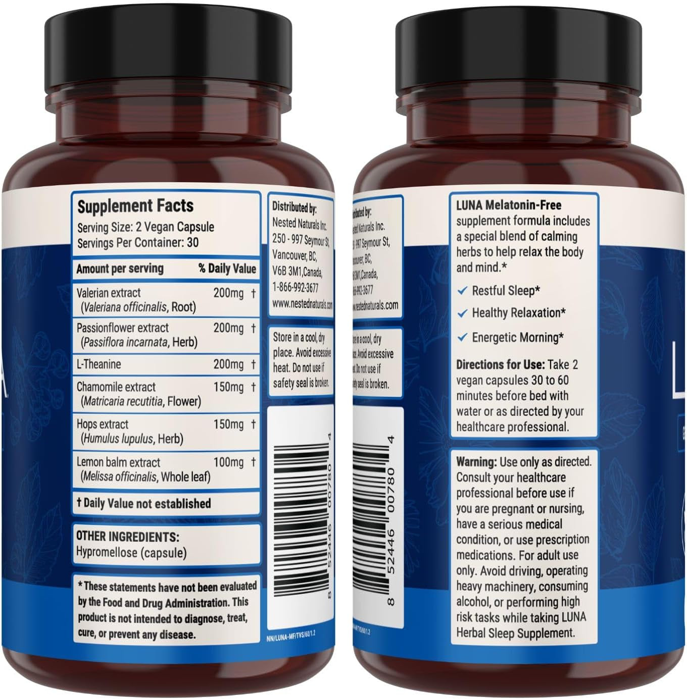 Luna Melatonin-Free Sleep Supplement - Non-Habit Forming Herbal Sleep Supplement, Adult Bedtime Support, Help Sleeping W/Chamomile, Valerian, L-Theanine - 60 Vegan Capsules
