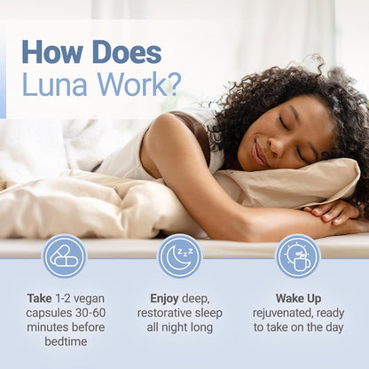 Luna Melatonin-Free Sleep Supplement - Non-Habit Forming Herbal Sleep Supplement, Adult Bedtime Support, Help Sleeping W/Chamomile, Valerian, L-Theanine - 60 Vegan Capsules