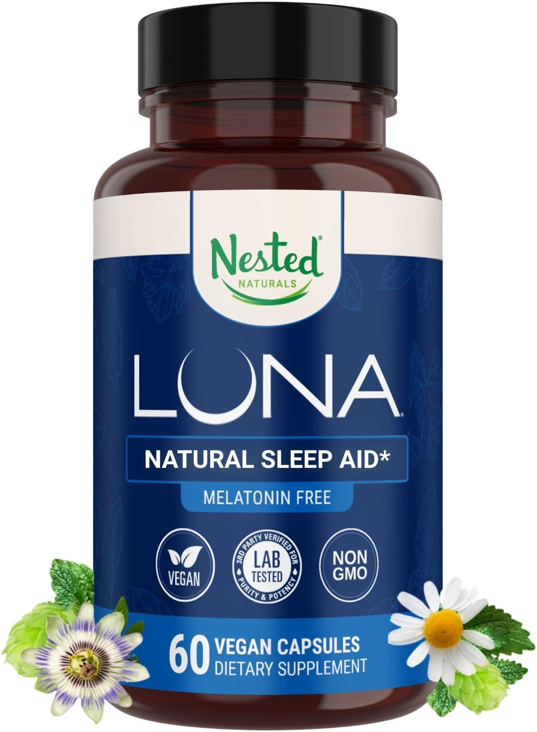 Luna Melatonin-Free Sleep Supplement - Non-Habit Forming Herbal Sleep Supplement, Adult Bedtime Support, Help Sleeping W/Chamomile, Valerian, L-Theanine - 60 Vegan Capsules