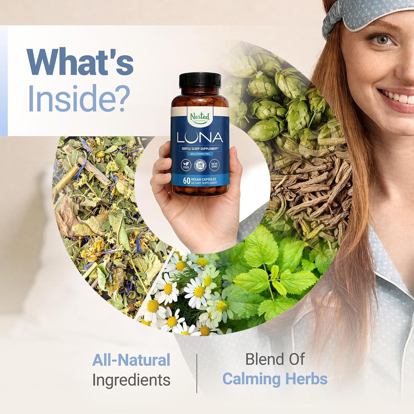 Luna Melatonin-Free Sleep Supplement - Non-Habit Forming Herbal Sleep Supplement, Adult Bedtime Support, Help Sleeping W/Chamomile, Valerian, L-Theanine - 60 Vegan Capsules