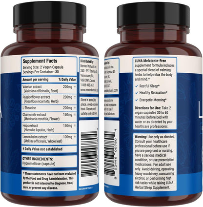 Luna Melatonin-Free Sleep Supplement - Non-Habit Forming Herbal Sleep Supplement, Adult Bedtime Support, Help Sleeping W/Chamomile, Valerian, L-Theanine - 60 Vegan Capsules