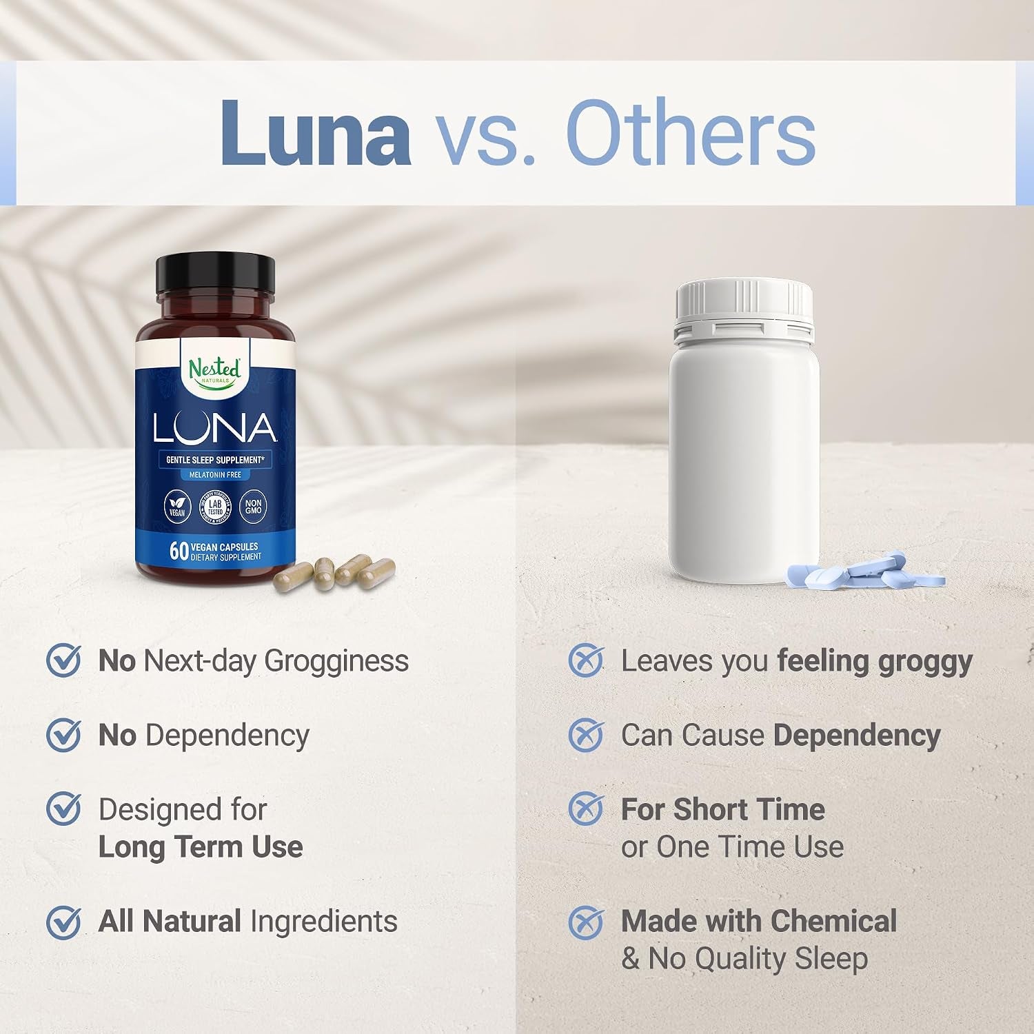 Luna Melatonin-Free Sleep Supplement - Non-Habit Forming Herbal Sleep Supplement, Adult Bedtime Support, Help Sleeping W/Chamomile, Valerian, L-Theanine - 60 Vegan Capsules
