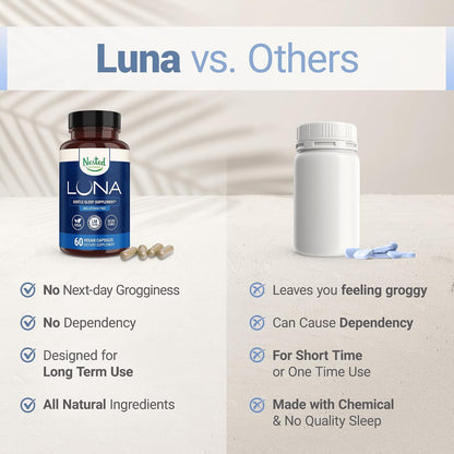 Luna Melatonin-Free Sleep Supplement - Non-Habit Forming Herbal Sleep Supplement, Adult Bedtime Support, Help Sleeping W/Chamomile, Valerian, L-Theanine - 60 Vegan Capsules